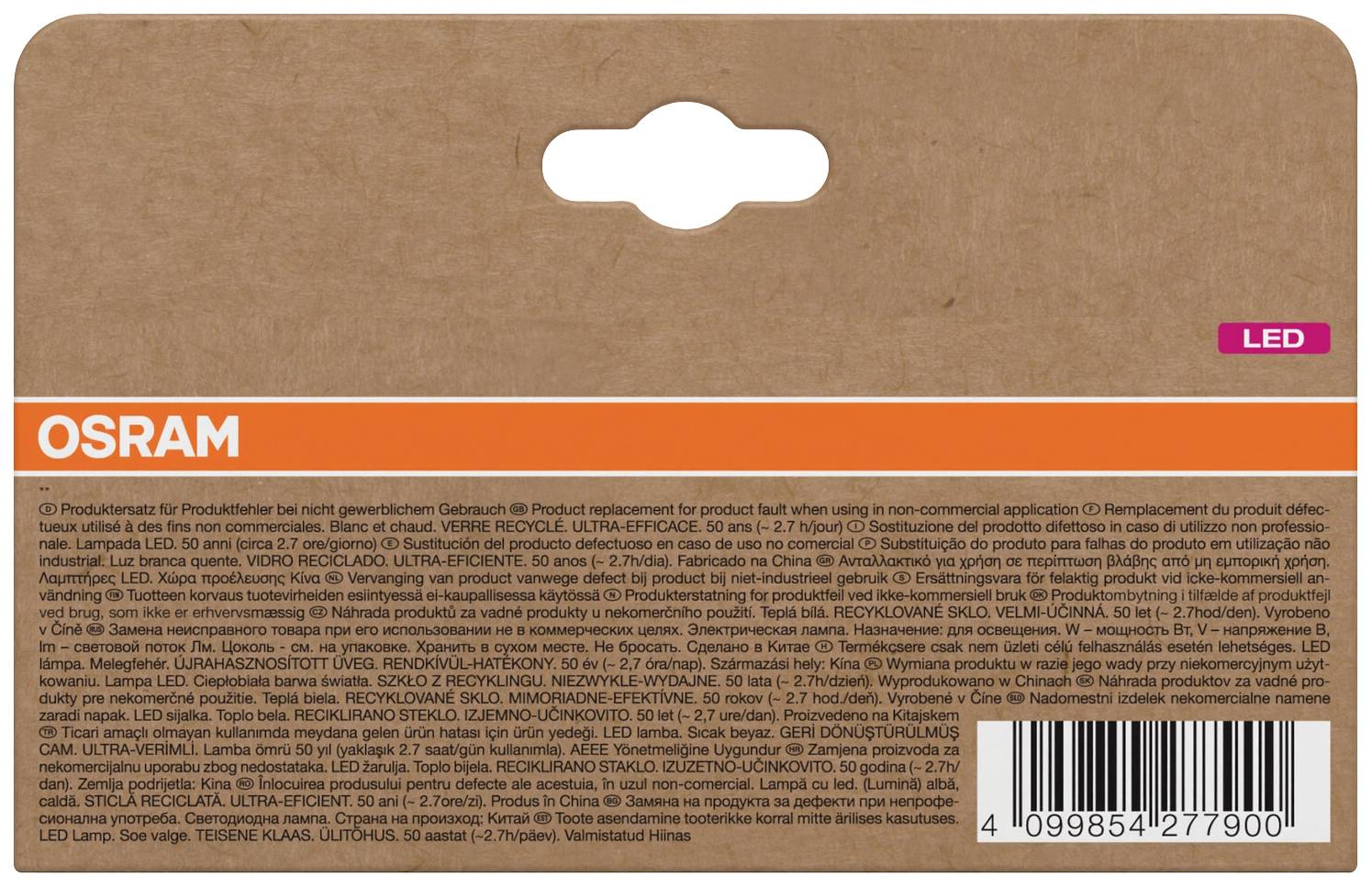 'OSRAM' Lampenverpackung mit Text in mehreren Sprachen über Produktinformationen und Recyclinganweisungen.