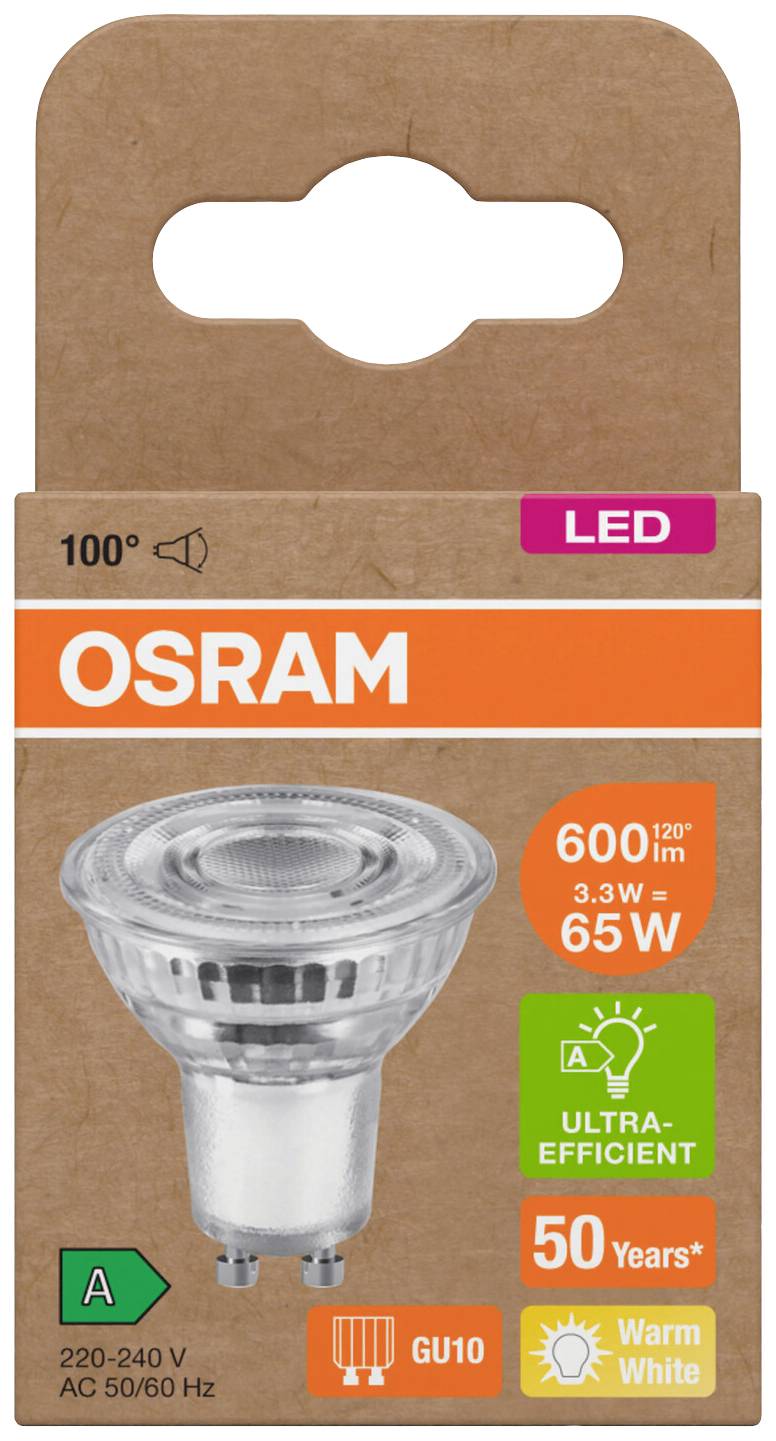Verpackung einer Osram LED-Lampe: 600 Lumen, 3.3W (entspricht 65W), warmweiß, 50 Jahre Lebensdauer, GU10 Sockel, energieeffizient.