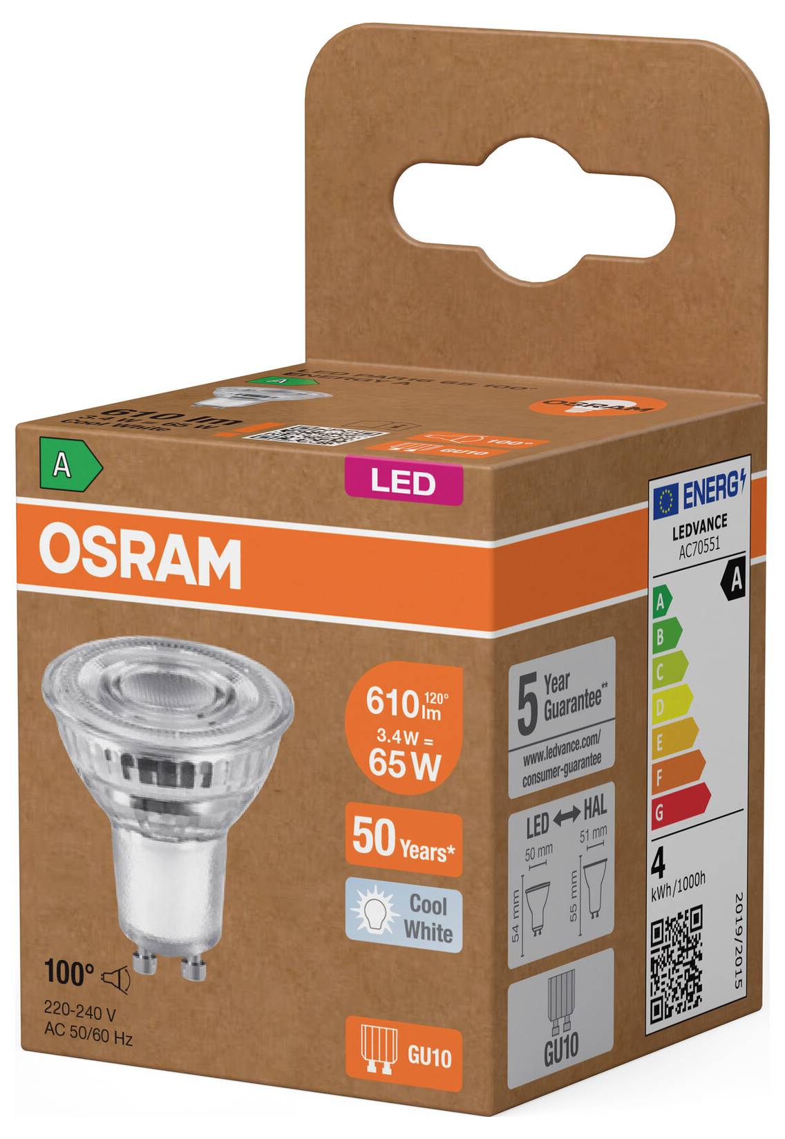 OSRAM LED-Spotlightlampe, Verpackung mit den Angaben 3,4W 65W, 610 lm, GU10, Kaltweiß, mit Energieeinstufung und 5-Jahres-Garantie.