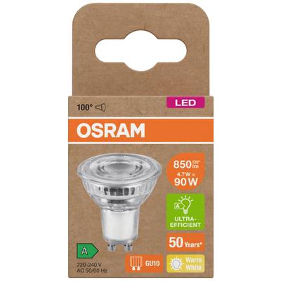 LED-Lampe von OSRAM, 850 Lumen, 90 Watt, warmweiß. Energieeffizienzklasse A, Lebensdauer bis zu 50 Jahre, GU10 Fassung.