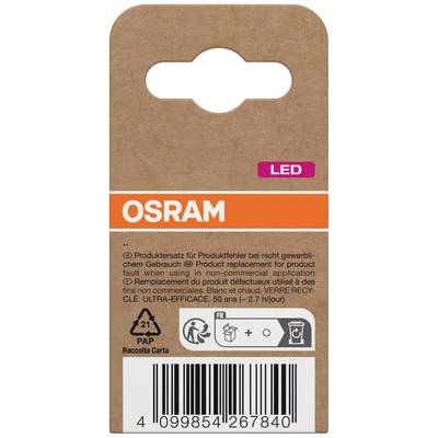 Pappverpackung einer OSRAM-Glühbirne, 'LED', mit Recycling- und Entsorgungshinweisen, Barcode und Herstellungsinformationen.