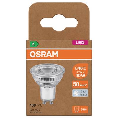OSRAM LED GU10-Birne, Packung, kaltweißes Licht, 4,7 W entspricht 90 W, 840 Lumen, 100° Abstrahlwinkel, 50 Jahre Lebensdauer, 220-240V AC.