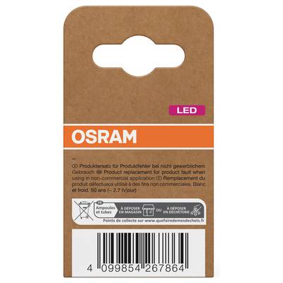 OSRAM LED-Produktpaketaufkleber mit orangefarbigem Markenband, Barcode, Recyclinginformationen und französischem Produktsicherheitstext.