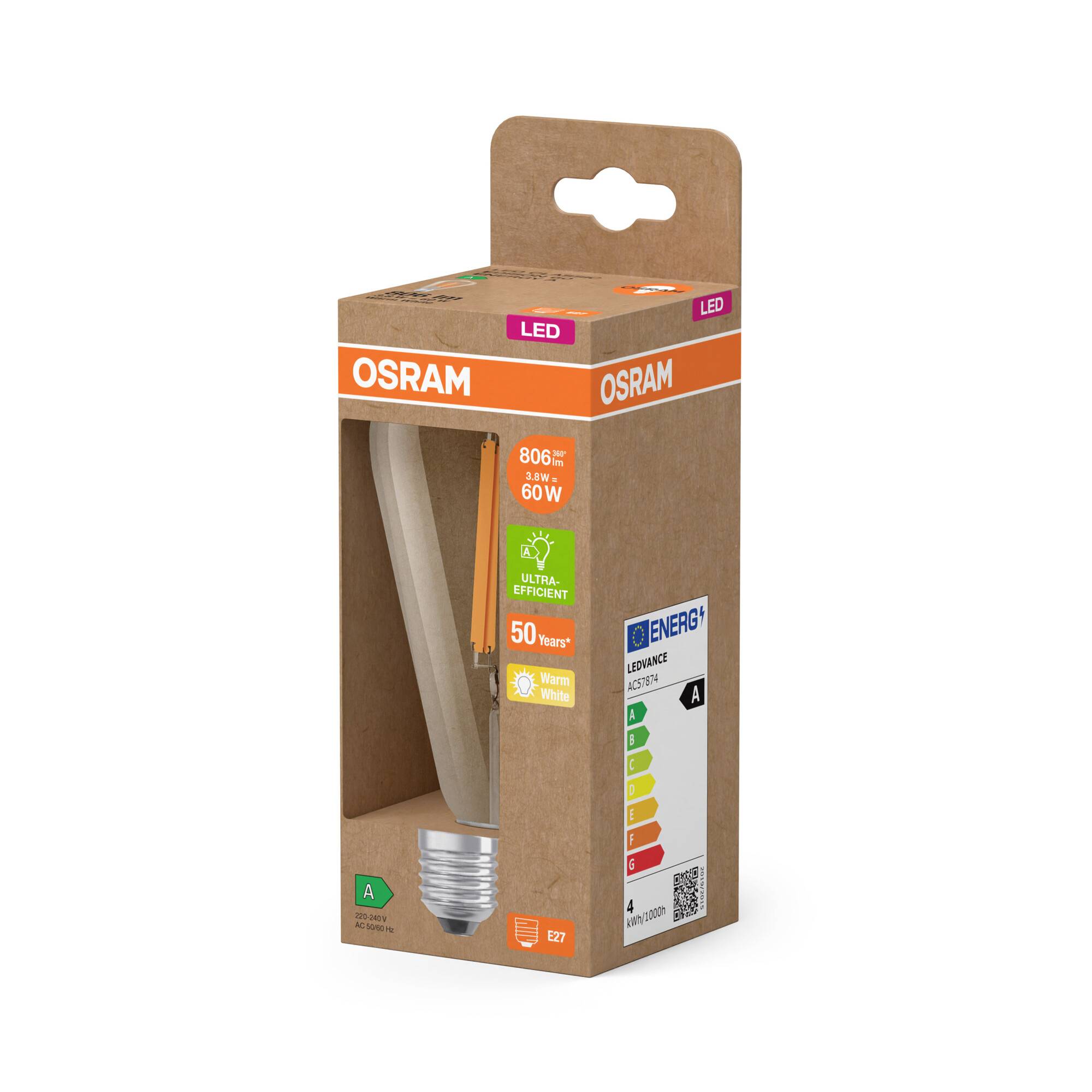 Eine LED-Glühbirne von OSRAM in Verpackung. Aufdruck zeigt Energieeffizienzklasse A, Leistung 806 Lumen, warmweiß, 50 Jahre Lebensdauer.
