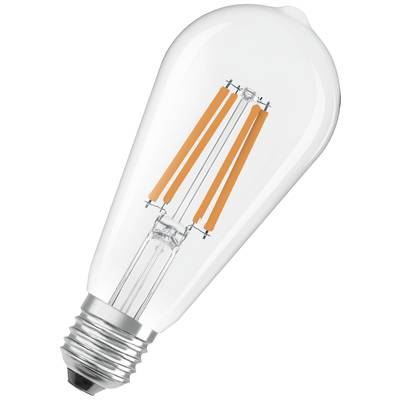 Eine LED-Lampe in klassischer Glühbirnenform mit sichtbaren Filamenten und einem Schraubsockel.