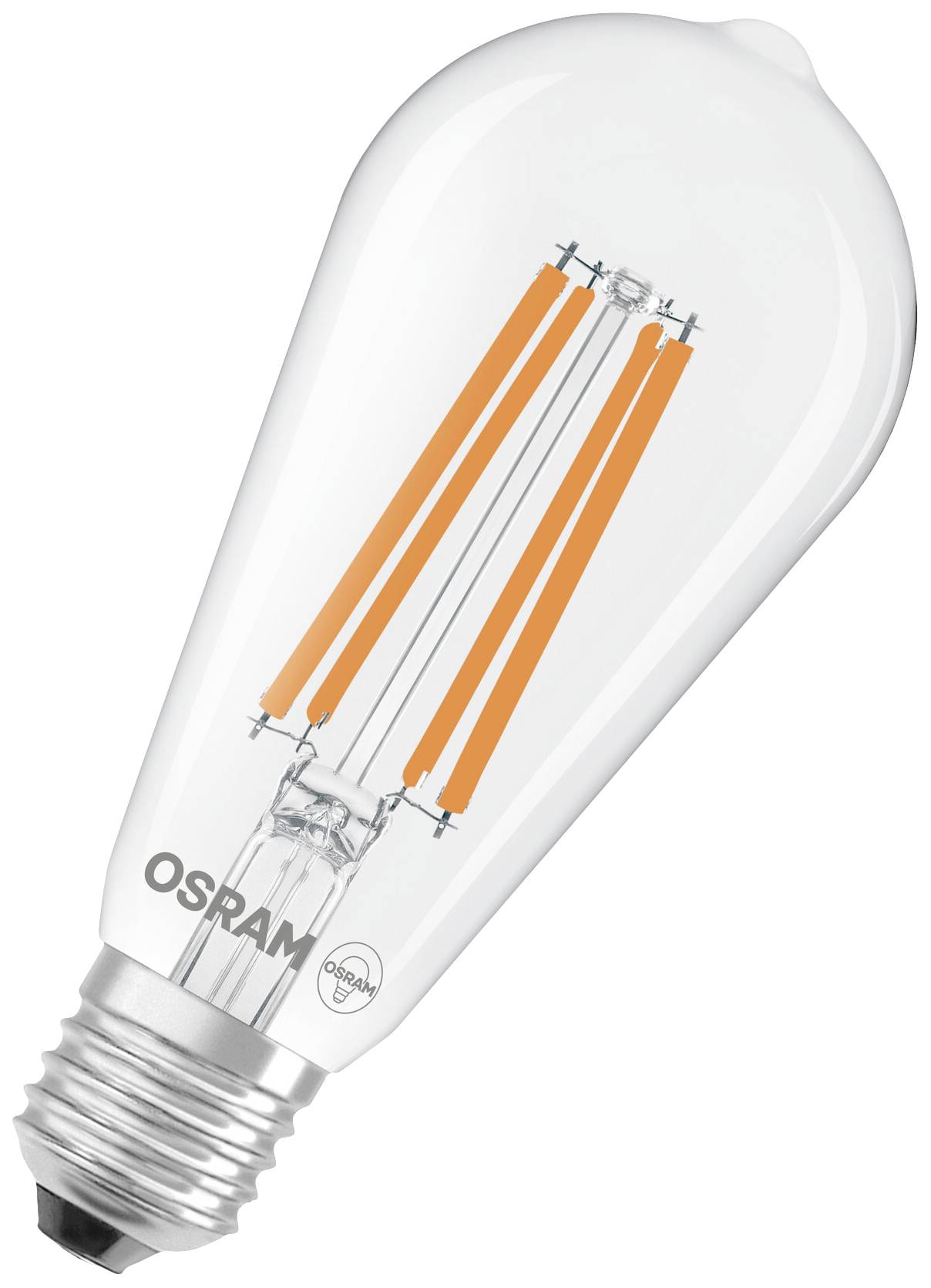Eine klare LED-Glühbirne von OSRAM mit sichtbaren orangen Filamenten und E27-Sockel. Geeignet für energiesparende Beleuchtung.
