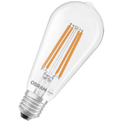 Eine klare LED-Glühbirne von OSRAM mit sichtbaren orangen Filamenten und E27-Sockel. Geeignet für energiesparende Beleuchtung.