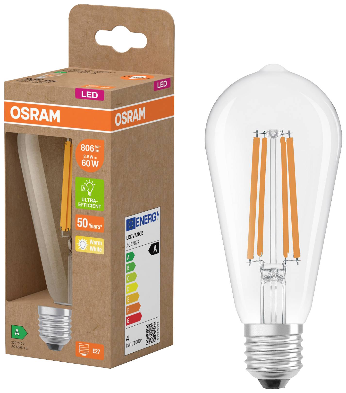 Eine LED-Glühbirne der Marke OSRAM neben ihrer Verpackung. Die Birne hat eine Leistung von 806 lm, entspricht 60 W, warmweißes Licht, Energieklasse A.