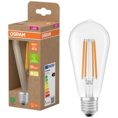 Eine LED-Glühbirne der Marke OSRAM neben ihrer Verpackung. Die Birne hat eine Leistung von 806 lm, entspricht 60 W, warmweißes Licht, Energieklasse A.