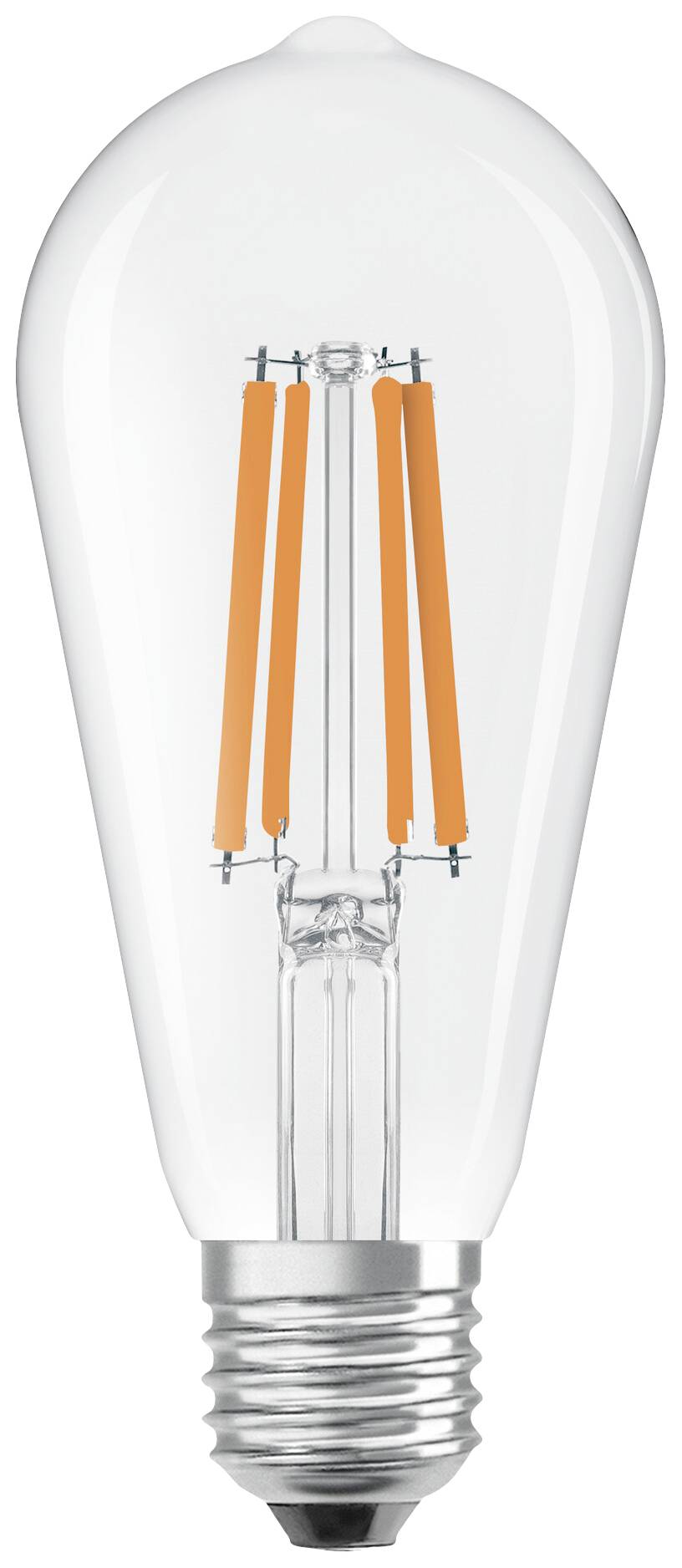 LED-Glühbirne mit orangefarbenen Filamenten und silberner Fassung, vor weißem Hintergrund.