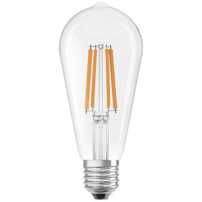 LED-Glühbirne mit orangefarbenen Filamenten und silberner Fassung, vor weißem Hintergrund.