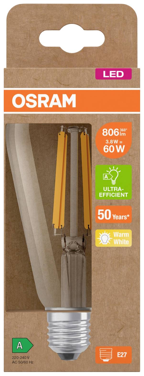 Packung einer LED-Glühbirne von OSRAM mit 806 lm, E27-Fassung und 60W Äquivalent. Merkmale: 'Ultra-Efficient', 'Warm White', '50 Years+'.