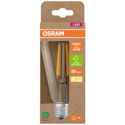 Packung einer LED-Glühbirne von OSRAM mit 806 lm, E27-Fassung und 60W Äquivalent. Merkmale: 'Ultra-Efficient', 'Warm White', '50 Years+'.