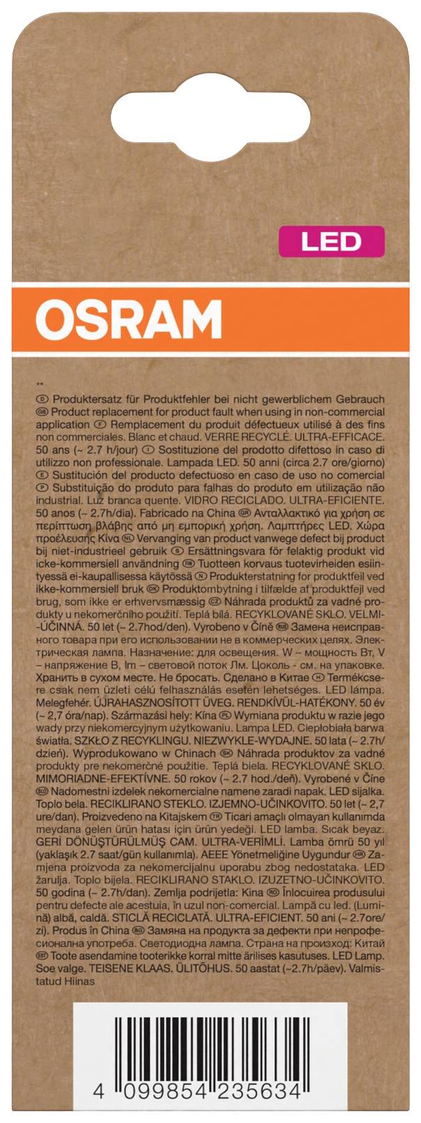Rückseite einer Osram LED-Lampenverpackung mit Informations- und Warnhinweisen in kleinem gedruckten Text.