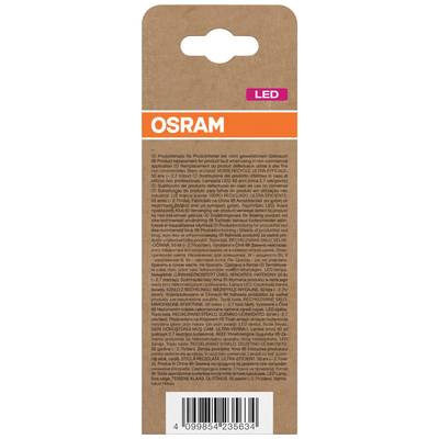 Rückseite einer Osram LED-Lampenverpackung mit Informations- und Warnhinweisen in kleinem gedruckten Text.