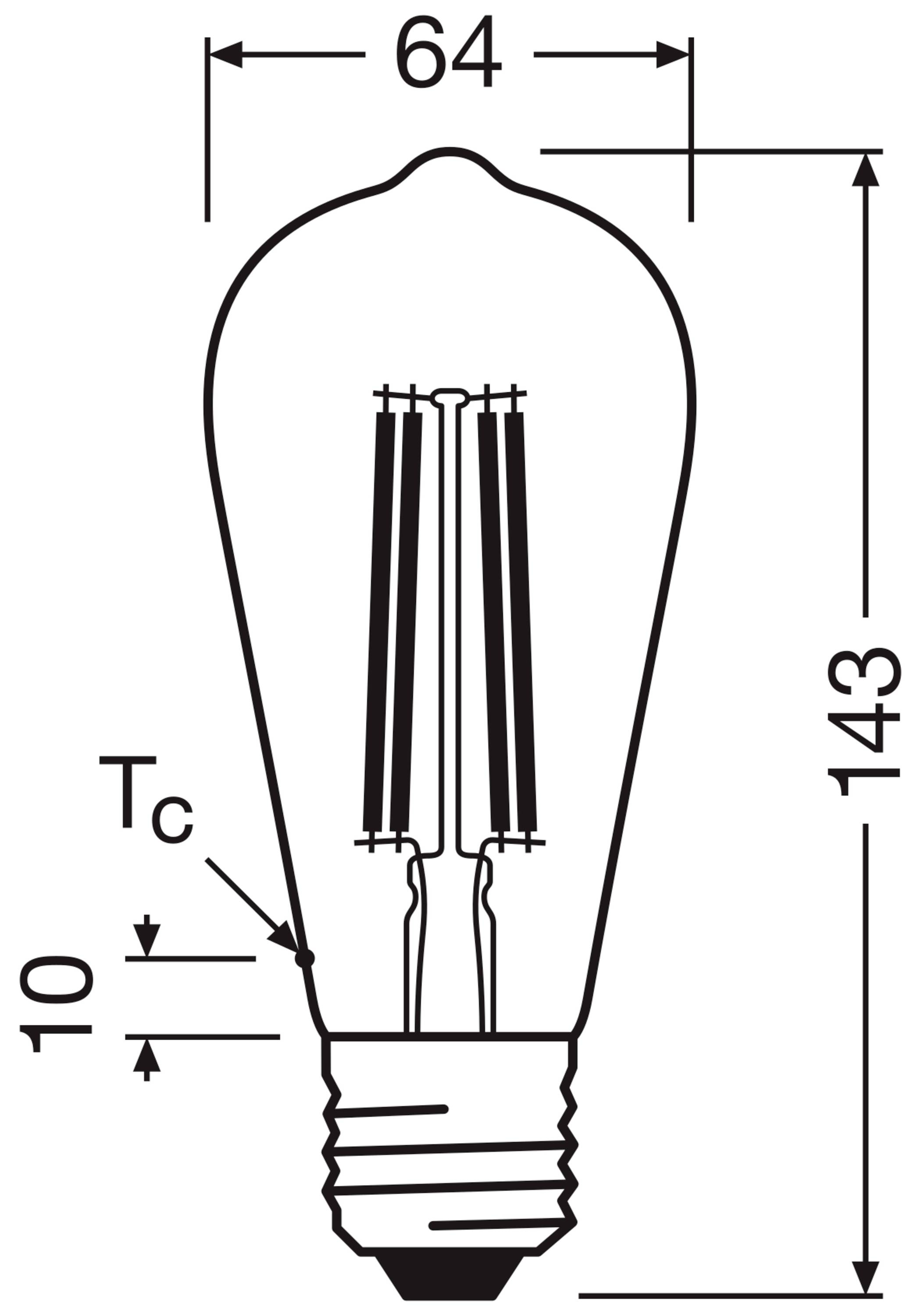 Glühbirnenzeichnung mit Maßen: Höhe 143 mm, Breite 64 mm, 'Tc' Abstand 10 mm. Darstellung zeigt Sockel und Glühfäden.