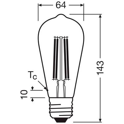 Glühbirnenzeichnung mit Maßen: Höhe 143 mm, Breite 64 mm, 'Tc' Abstand 10 mm. Darstellung zeigt Sockel und Glühfäden.
