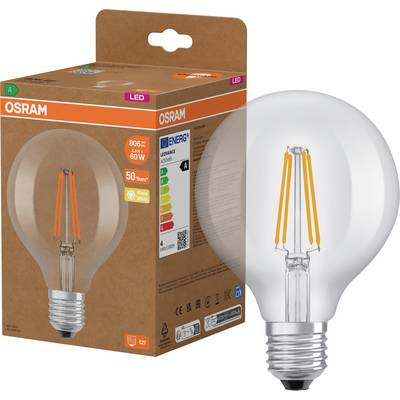 OSRAM LED-Glühbirne Schachtel neben einer klaren Kugellampe mit sichtbaren orangefarbenen Glühdrähten.