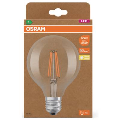 OSRAM LED-Glühfadenlampe in der Verpackung mit einer warmweißen, 806-Lumen-Birne mit E27-Sockel, 60-W-Äquivalent, einer Lebensdauer von 50.000 Stunden und der Energieklasse A.