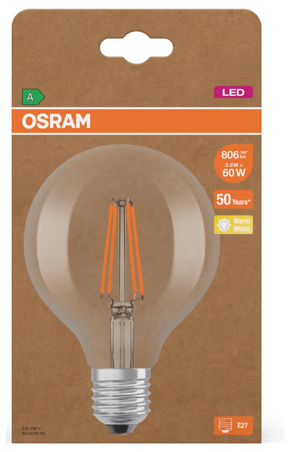 OSRAM LED-Glühbirne in einer Verpackung mit klarem Glühbirnenbild, beschriftet mit 806 Lumen, 8,8W, 60W-Äquivalent, Warmweiß, E27-Sockel.