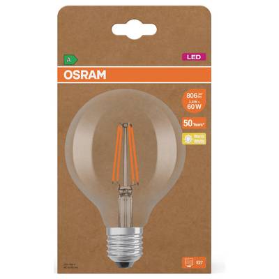 OSRAM LED-Glühbirne in einer Verpackung mit klarem Glühbirnenbild, beschriftet mit 806 Lumen, 8,8W, 60W-Äquivalent, Warmweiß, E27-Sockel.