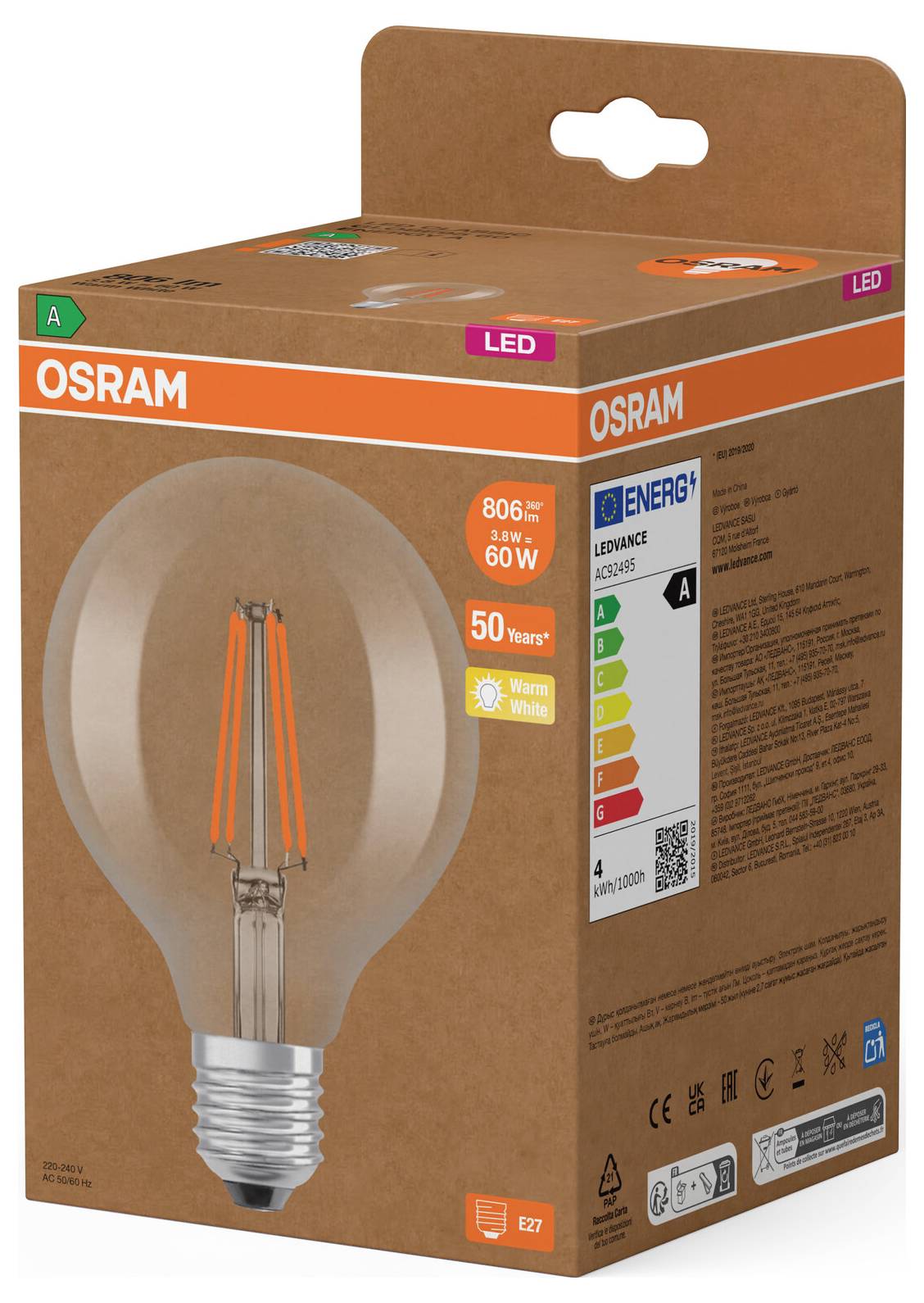 Schachtel einer OSRAM LED-Glühbirne mit einem klaren Glühbirnenbild, "LED"-Kennzeichnung, "806 lm", "8,5 W" und warmweiße Lichtverpackung.