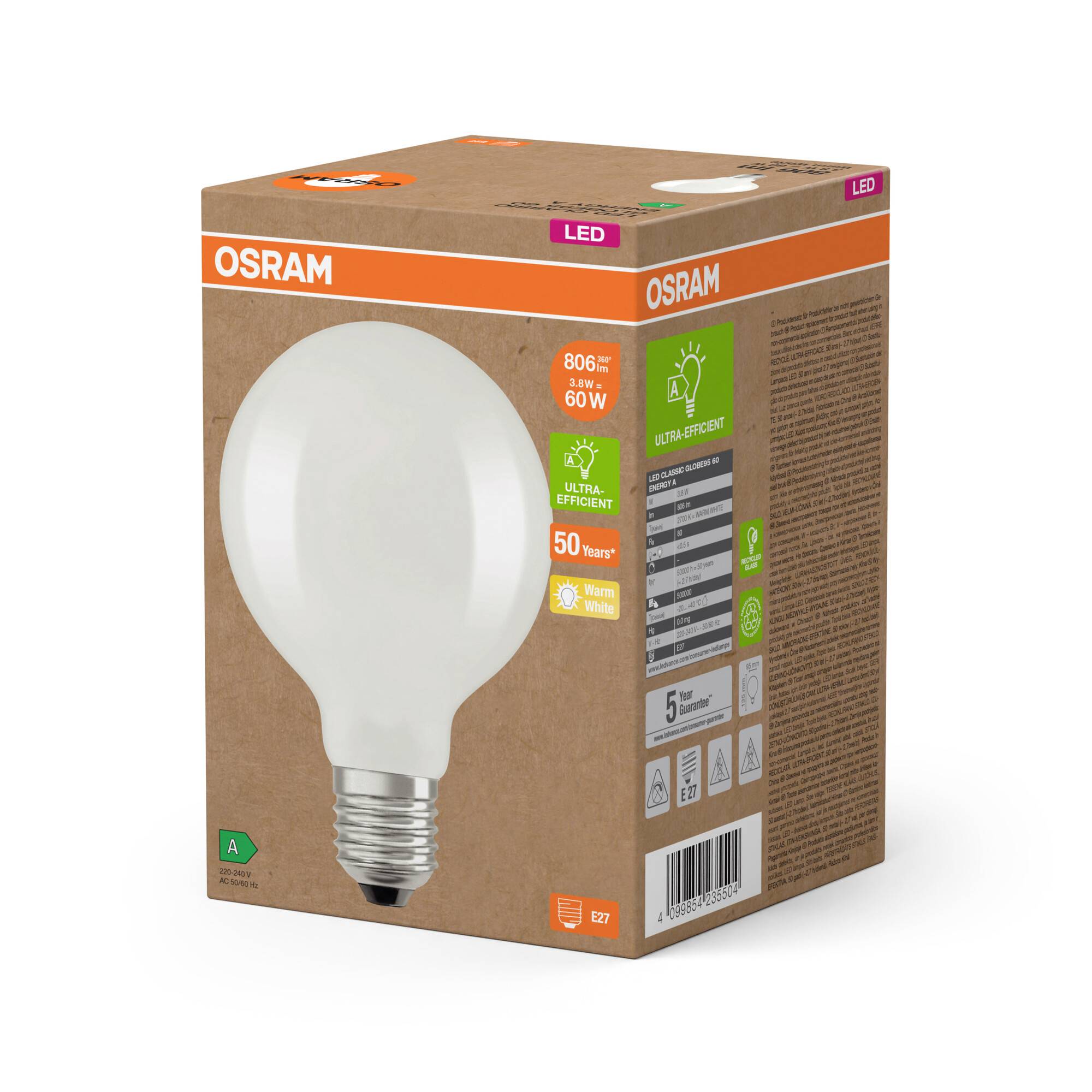 Verpackung einer OSRAM LED-Glühbirne, 806 Lumen, warmweiß, 60W Äquivalent, Energieeffizienzklasse A, 50 Jahre Lebensdauer laut Hersteller.