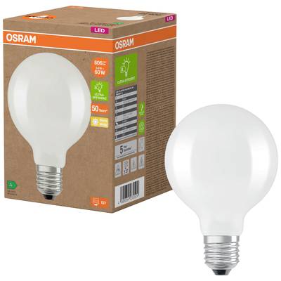 Eine LED-Glühbirne von Osram mit 806 Lumen, entspricht 60 Watt. Verpackung zeigt Effizienzklasse A und betont lange Haltbarkeit und Energieeinsparung.