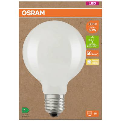 'OSRAM LED-Glühbirne, 806 Lumen, 8 W entspricht 60 W, ultra-effizient, 50 Jahre Lebensdauer, warmweiß, Energieklasse A, E27 Sockel.'