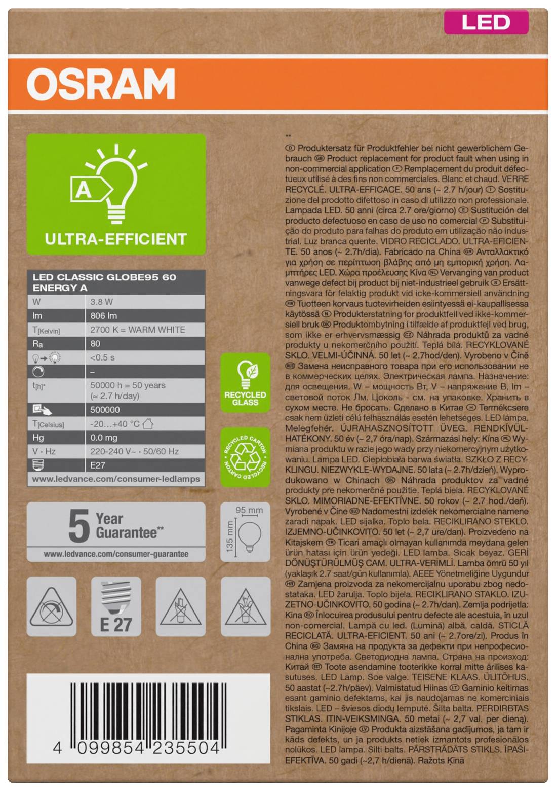 'OSRAM LED' Verpackung. Enthält Informationen zur Energieeffizienz (A++), Leistung (5,9 W = 60 W) und Lichtfarbe (2700 K). 5 Jahre Garantie.