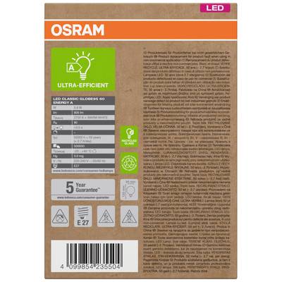 'OSRAM LED' Verpackung. Enthält Informationen zur Energieeffizienz (A++), Leistung (5,9 W = 60 W) und Lichtfarbe (2700 K). 5 Jahre Garantie.
