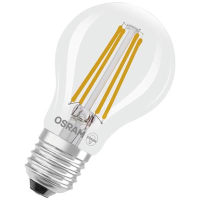 Eine OSRAM LED-Glühbirne mit Filament-Design und E27-Sockel. Sie ist durchsichtig und zeigt die orangefarbenen Leuchtfäden.