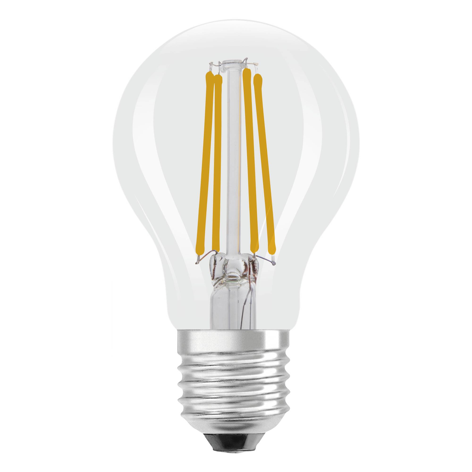 Eine LED-Glühbirne mit sichtbaren Filamenten und Schraubsockel auf weißem Hintergrund.