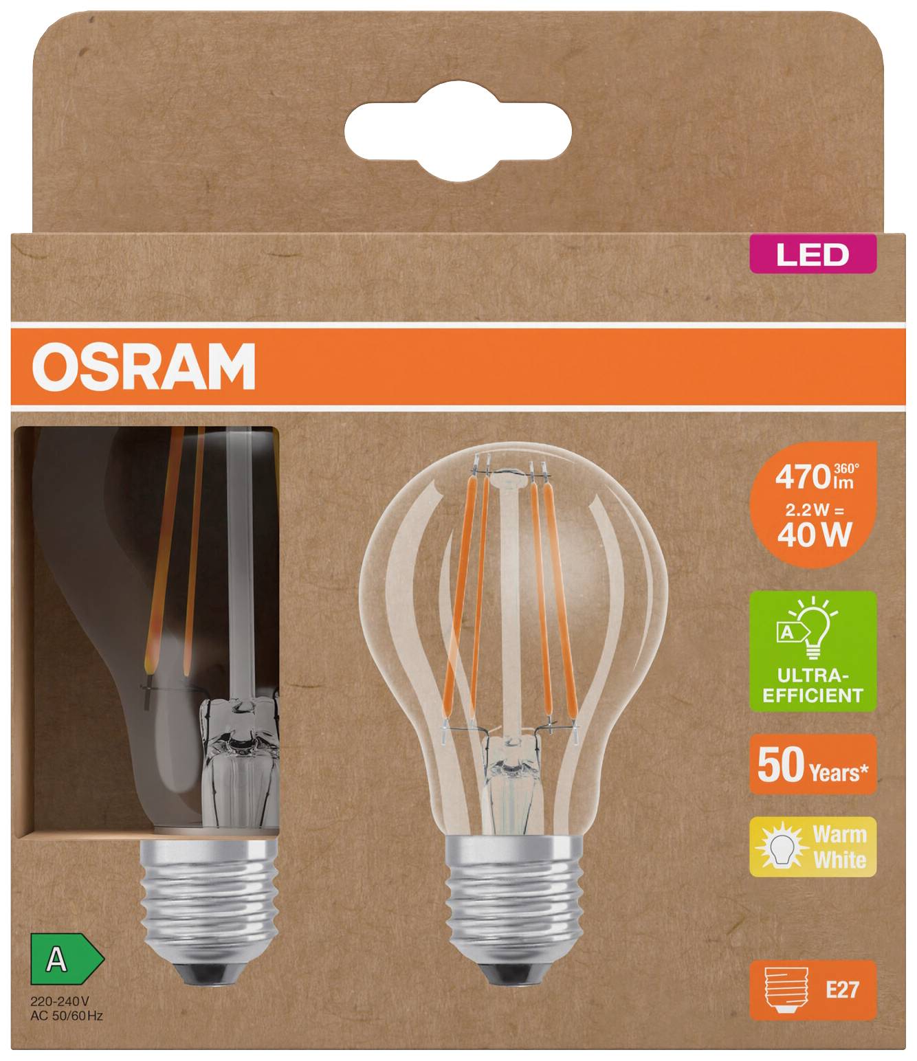 Die Verpackung zeigt eine OSRAM LED-Glühbirne, 470 Lumen, 2,2W ersetzt 40W, Energieeffizienzklasse A, warmweiß, E27-Sockel.