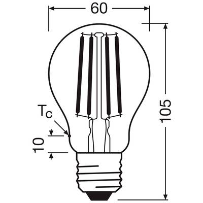 Diagramm einer Glühbirne mit den Maßen: Höhe 105 mm, Durchmesser 60 mm. Der Abstand des Tc-Punktes beträgt 10 mm.