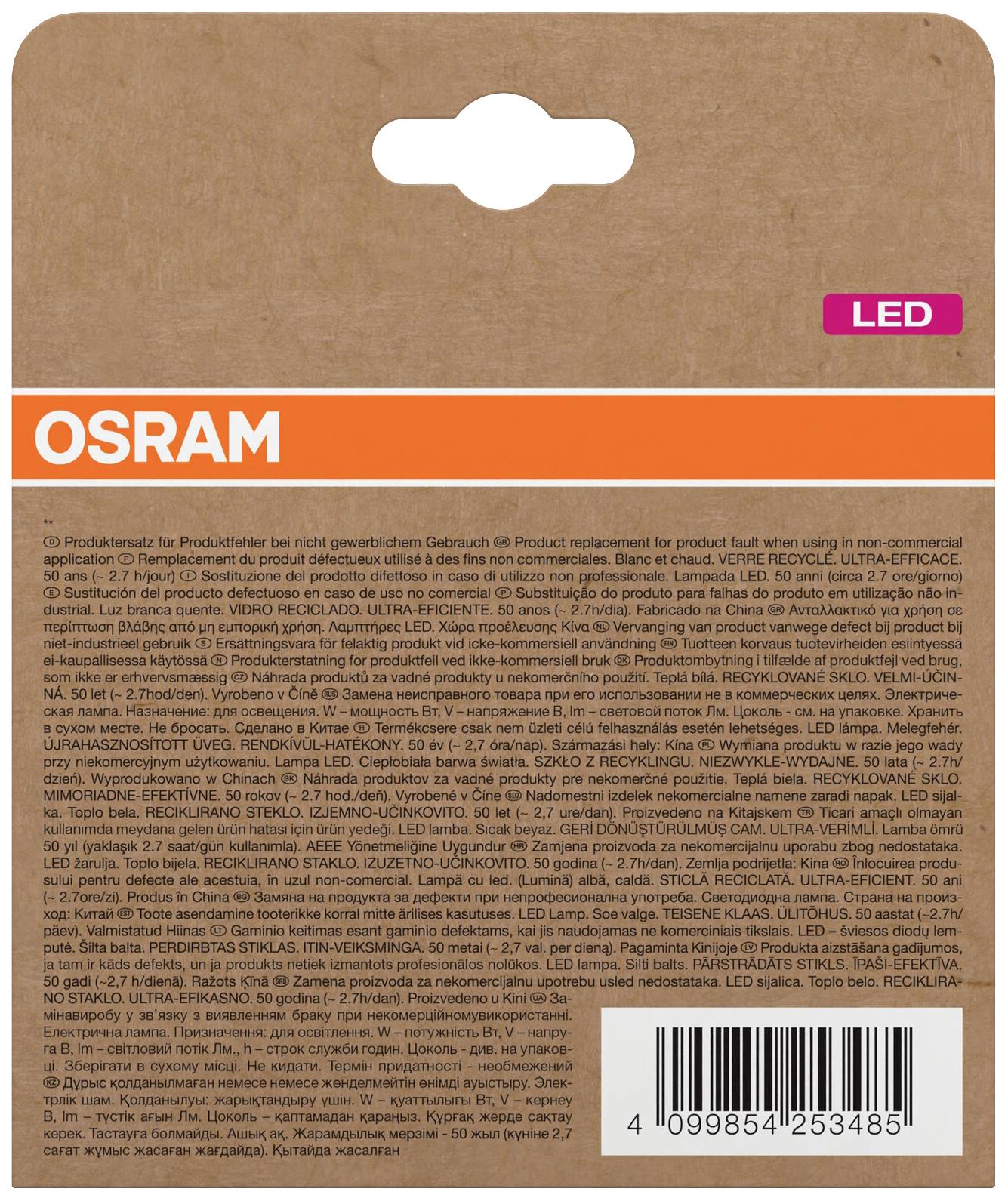 Rückseite einer OSRAM LED-Verpackung mit Produktdetails und Sicherheitshinweisen in mehreren Sprachen, Barcode unten.