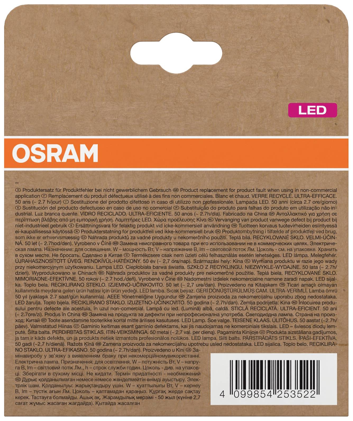 Rückseite einer Verpackung von OSRAM LED-Leuchtmitteln mit detaillierten Produktinformationen in verschiedenen Sprachen.