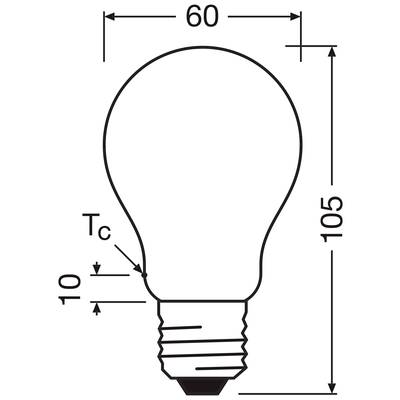 Abbildung einer Glühbirne mit den Maßen: 60 mm Breite und 105 mm Höhe. Es zeigt die Position der Temperaturmessung (Tc) bei 10 mm.