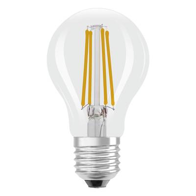 Eine LED-Glühbirne mit sichtbaren Filamenten und Schraubsockel, auf weißem Hintergrund. Energieeffizientes Leuchtmittel.