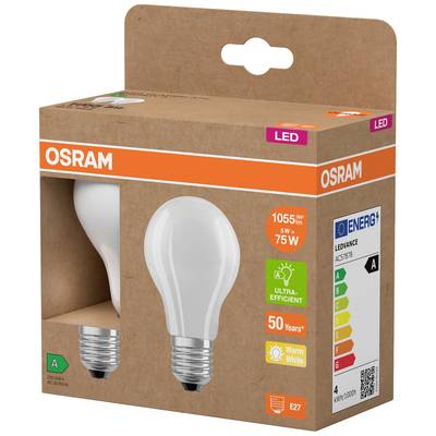 Verpackung einer OSRAM LED-Glühbirne mit E27-Sockel. Bietet 1055 Lumen, 75W Äquivalent, Energieeffizienzklasse A, warmweiße Beleuchtung.