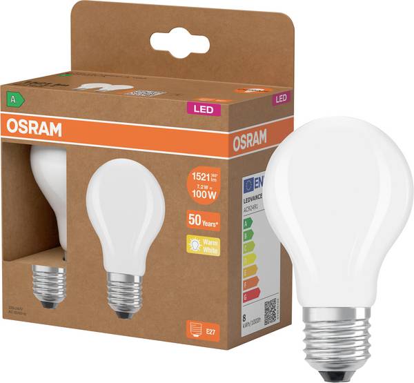 OSRAM HOMELIGHTING 4099854253775 LED EEK A (A - G) E27 Glühlampenform 7.2 W = 100 W Warmweiß (Ø x H) 60 mm x 60 mm Filament 2 St.