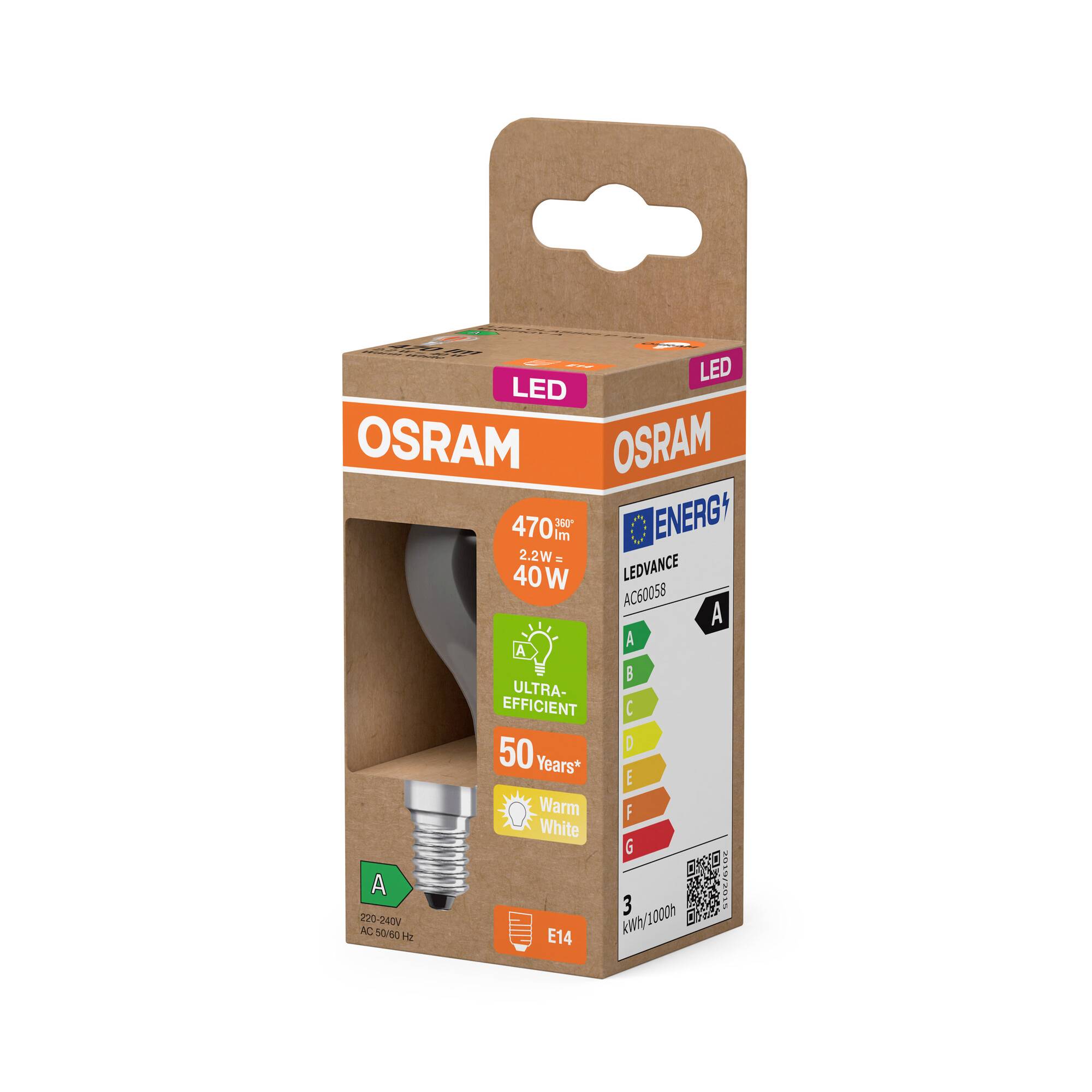 'Osram LED-Glühbirne 470 lm, 4,2 W, ersetzt 40 W. Energieeffizienz A. Warmweiße Lichtfarbe, Lebensdauer 50 Jahre. E14-Sockel.'