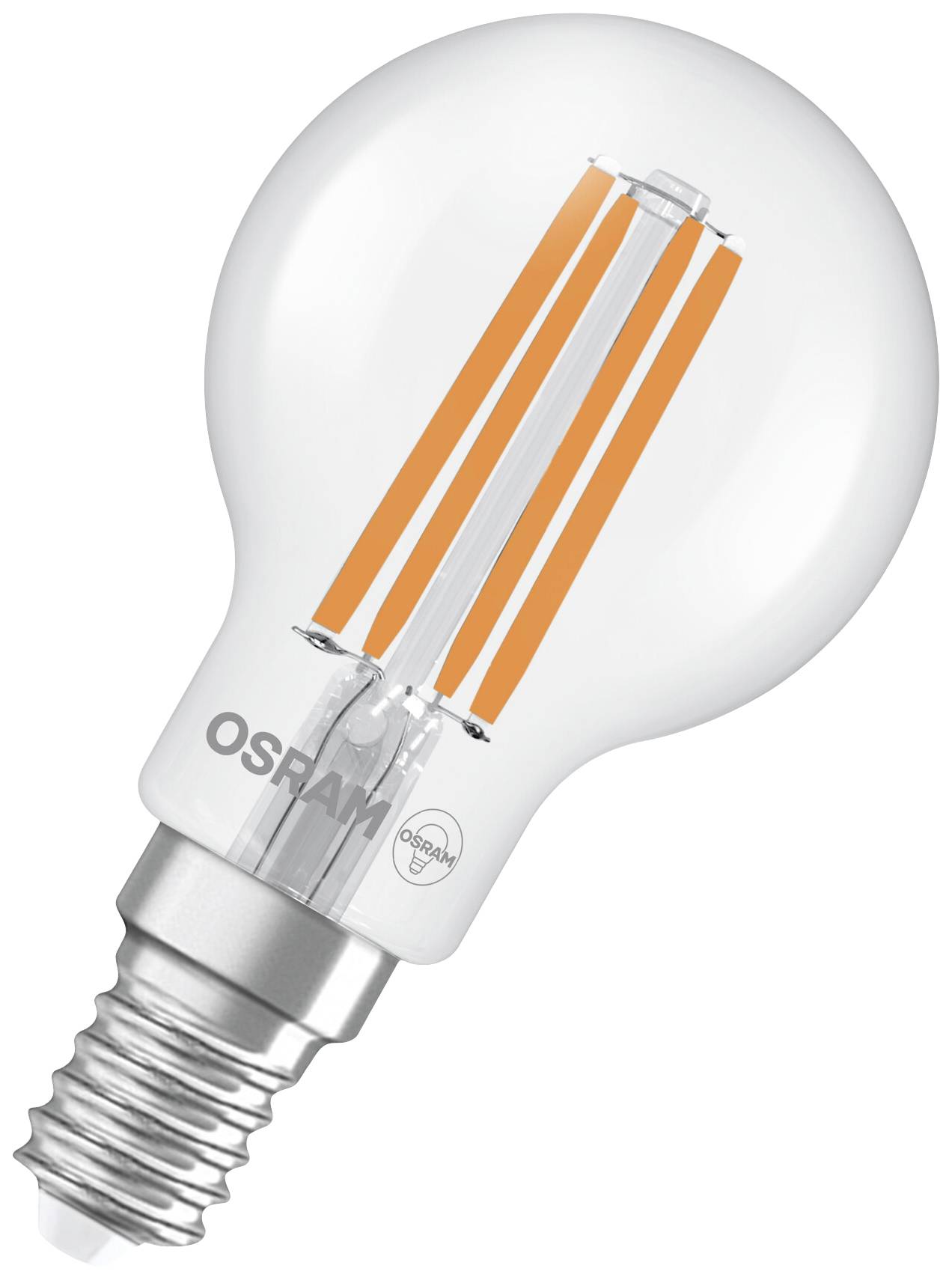 Eine transparente Glühbirne mit orangefarbenen Filamentstreifen, markiert mit 'Osram', vor weißem Hintergrund.