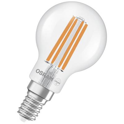 Eine transparente Glühbirne mit orangefarbenen Filamentstreifen, markiert mit 'Osram', vor weißem Hintergrund.