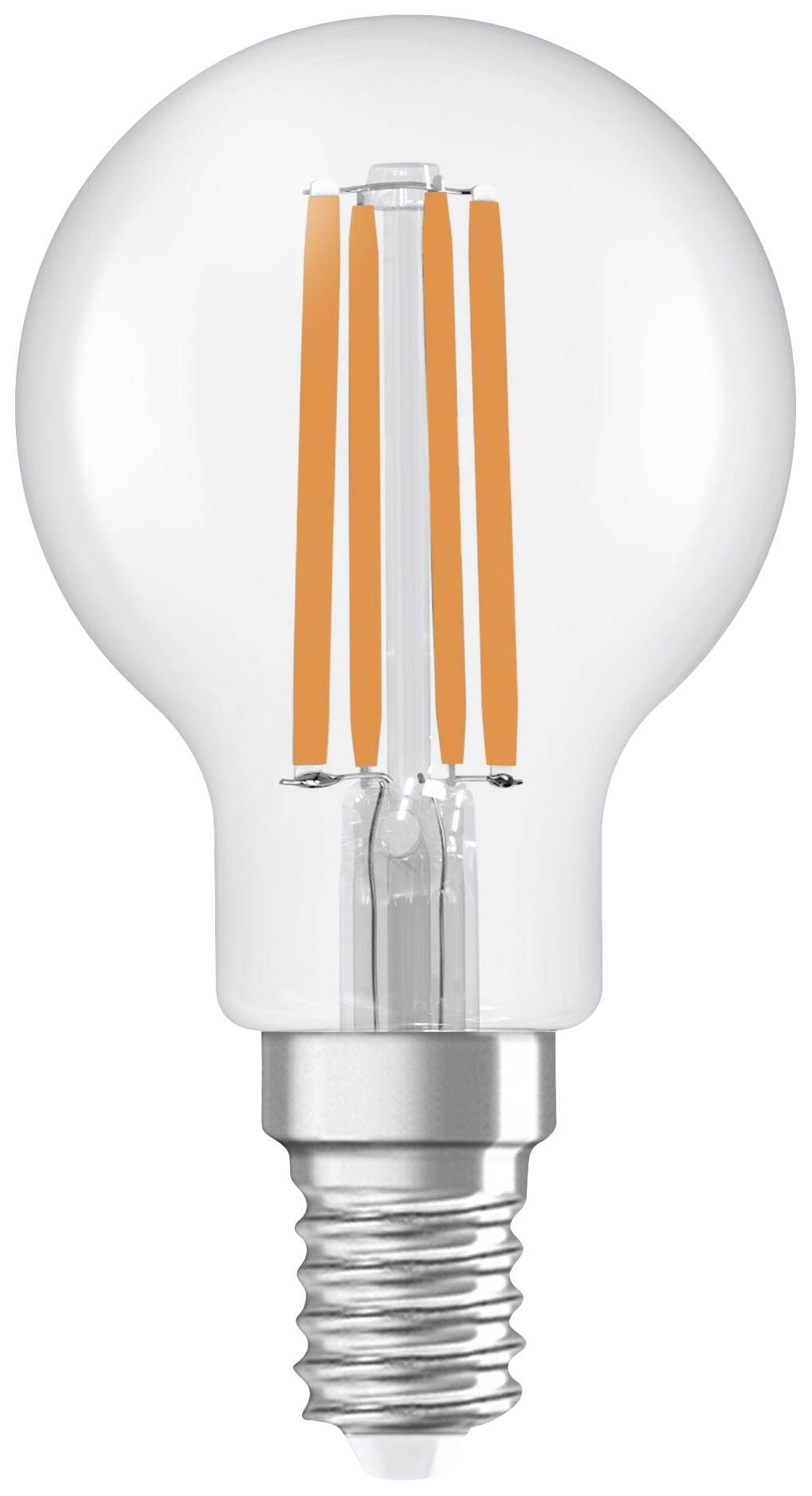 Eine energiesparende LED-Glühbirne mit sichtbaren orangefarbenen Filamenten und einem silbernen Sockel.