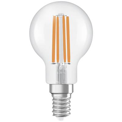 Eine energiesparende LED-Glühbirne mit sichtbaren orangefarbenen Filamenten und einem silbernen Sockel.