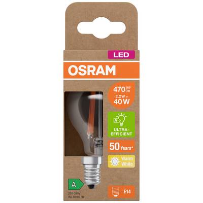 LED-Glühbirne, 470 lm, 2,2 W, warmweiß, E14-Fassung, Marke 'Osram', 50 Jahre Lebensdauer, ultra-effizient, Energieklasse A.