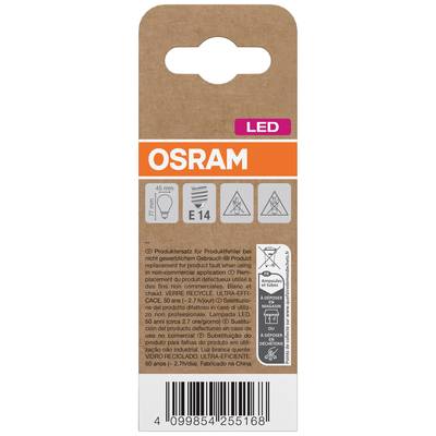 Verpackung einer Osram LED-Lampe mit E14-Sockel. Zeigt die Symbole für Spannung, Sockeltyp und Energieeffizienz auf braunem Karton.