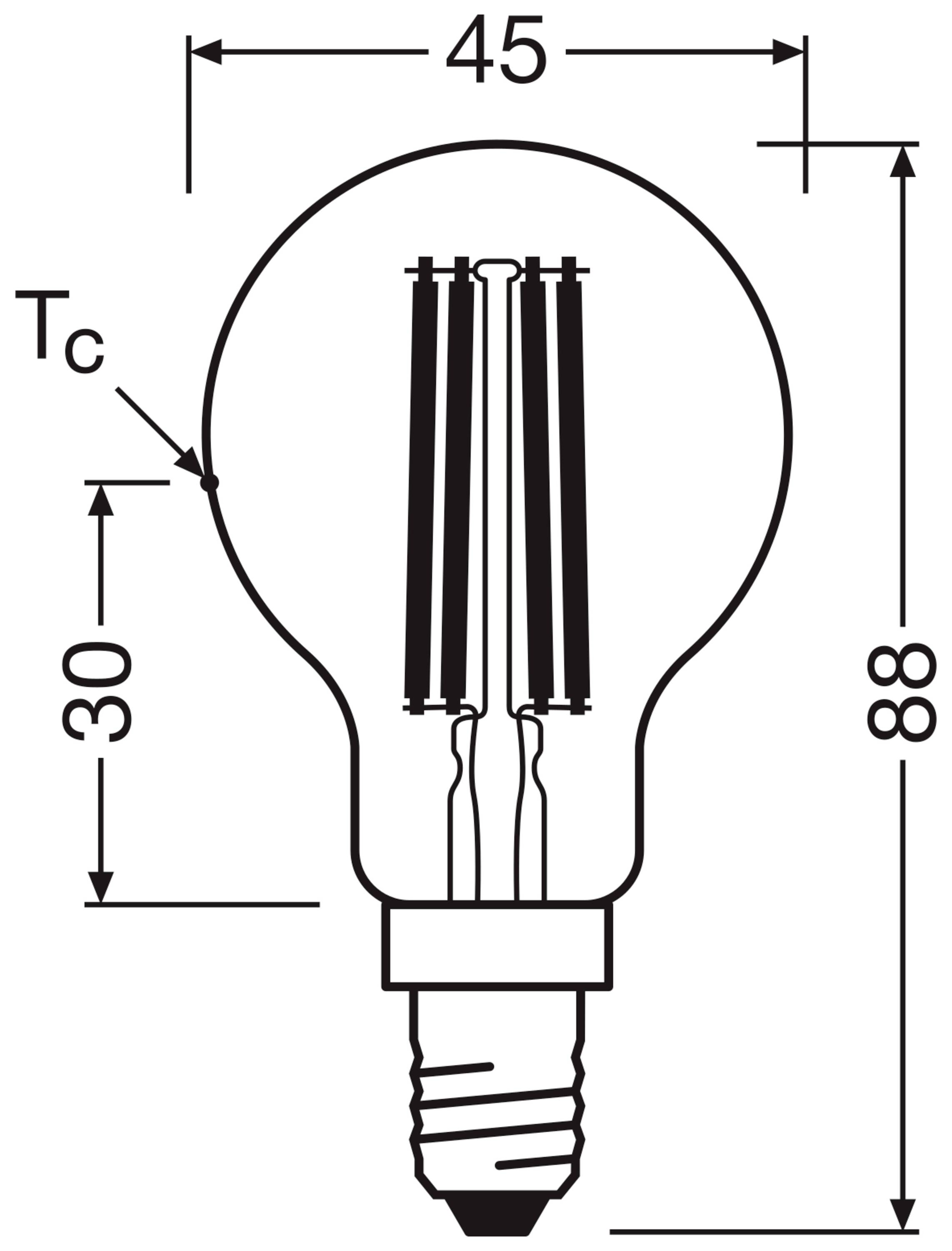 Glühbirne mit E14-Sockel, zeigt Maße: Durchmesser 45 mm, Länge 88 mm. Setzt Akzente auf obere Länge 30 mm. Technische Zeichnung.