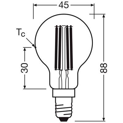 Glühbirne mit E14-Sockel, zeigt Maße: Durchmesser 45 mm, Länge 88 mm. Setzt Akzente auf obere Länge 30 mm. Technische Zeichnung.